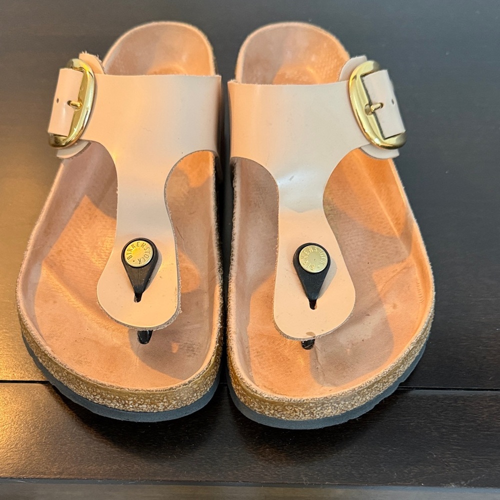 Birkenstock Gizeh Nude Pink Big Buckle Sandals with Gold Buckle